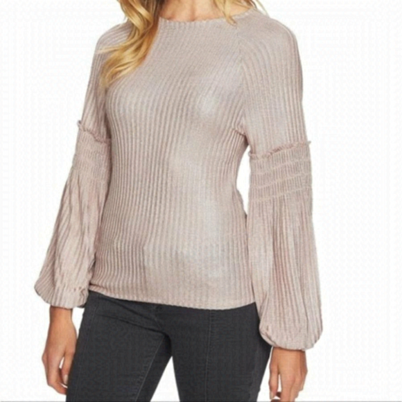 1. State Smocked Sleeve Ribbed Blouse Shadow Pink Long Sleeve Metallic L - Picture 1 of 13